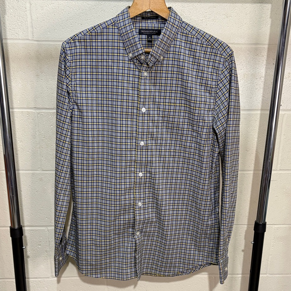 Banana Republic Tech Stretch Cotton Slim Flex Fit Yellow Plaid Shirt medium mens